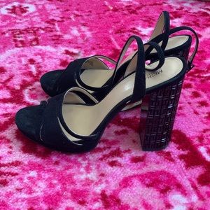 Black crystal block heels